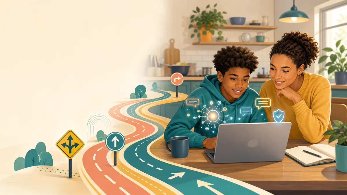 Family learning AI rules together at a kitchen table